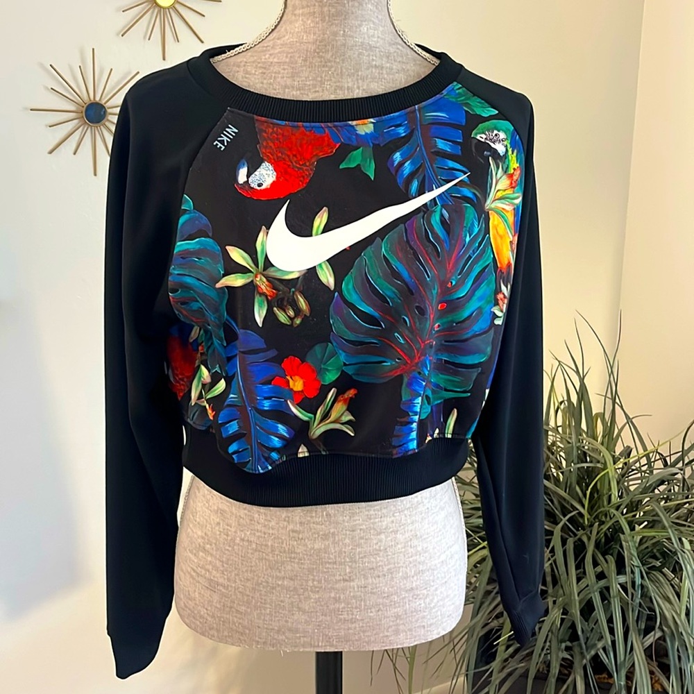 Nike Swoosh ❤️ Cropped Hooded Navy Tropical print sweatshirt SZ:Small EUC